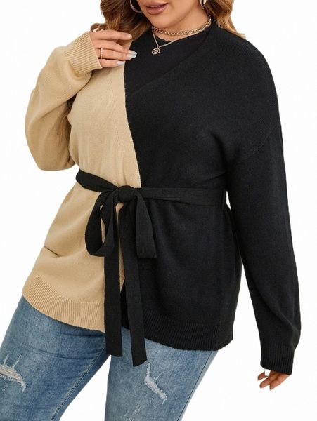 plus size t-shirt plus two tone drop shoulder belted cardigan v4tr#, Black