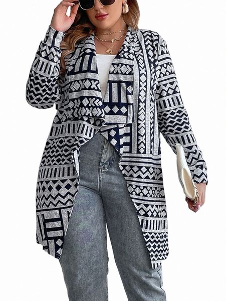 plus size outerwear & coats plus geo print asymmetrical hem coat n2u6#, Black