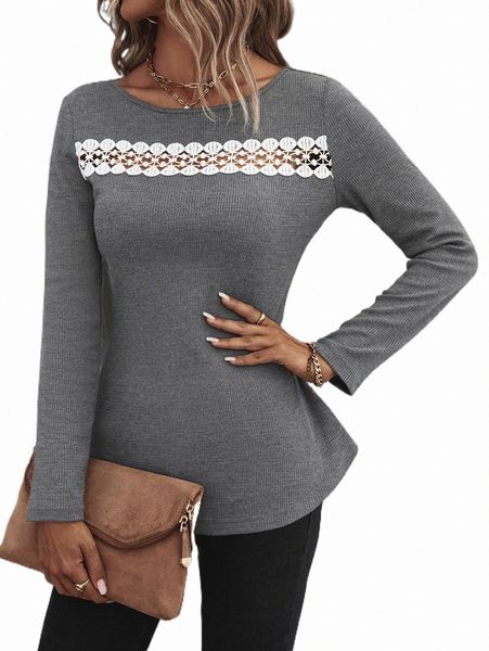 women's t-shirt contrast guipure lace curved hem tee w4ji#, White