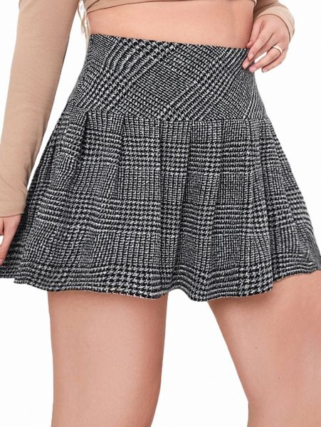 plus size pants plus wide waistband plaid tweed pleated skirt g7cd#, Black