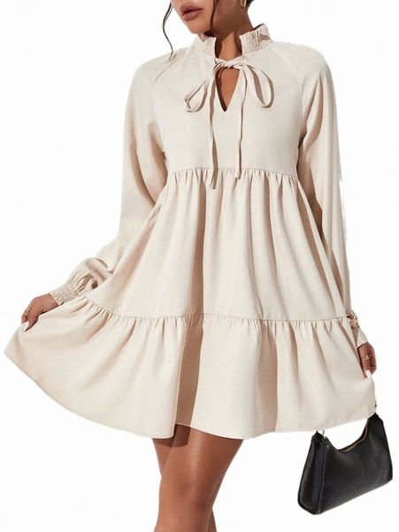 casual dresses petite tie neck ruffle hem smock dress h80a#, Black;gray