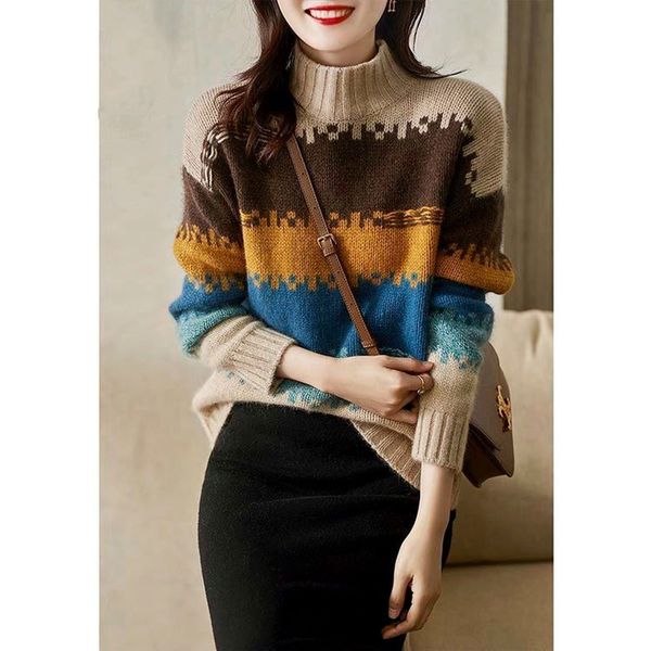 women s sweaters autumn and winter striped temperament half high neck long sleeved knitted sweater women pullover all match loose 220908, White;black
women s sweaters autumn and winter striped temperament half high neck long sleeved knitted sweater women pullover all match loose 220908, White;black