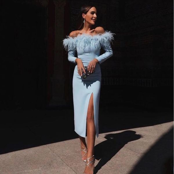 side split tea length prom dresses with feathers bateau neck cocktail dress long sleeves zipper back club party women wear vestidos, Black
side split tea length prom dresses with feathers bateau neck cocktail dress long sleeves zipper back club party women wear vestidos, Black