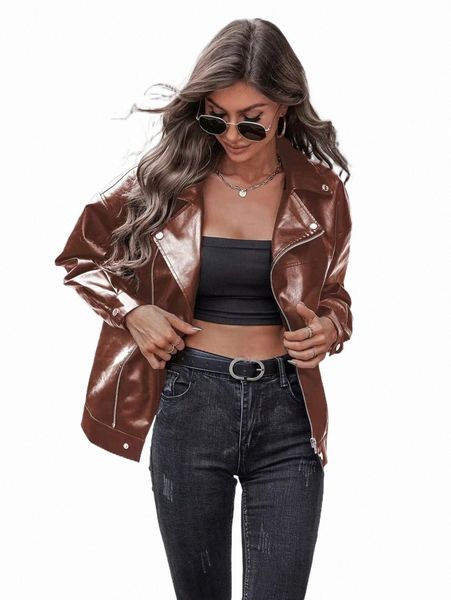 women's jackets drop shoulder pu leather moto jacket 90bn#, Black;brown