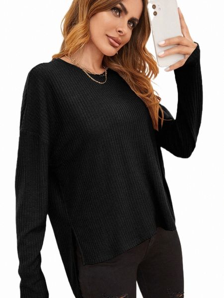 women's t-shirt solid drop shoulder high low split hem tee v1ez#, White