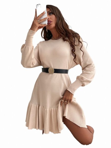 women's sweaters lantern sleeve ruffle hem sweater dress without belt b788#, White;black
women's sweaters lantern sleeve ruffle hem sweater dress without belt b788#, White;black
