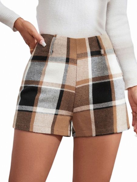 women's shorts petite plaid print high waist wool-mix shorts m59i#, White;black 
women's shorts petite plaid print high waist wool-mix shorts m59i#, White;black