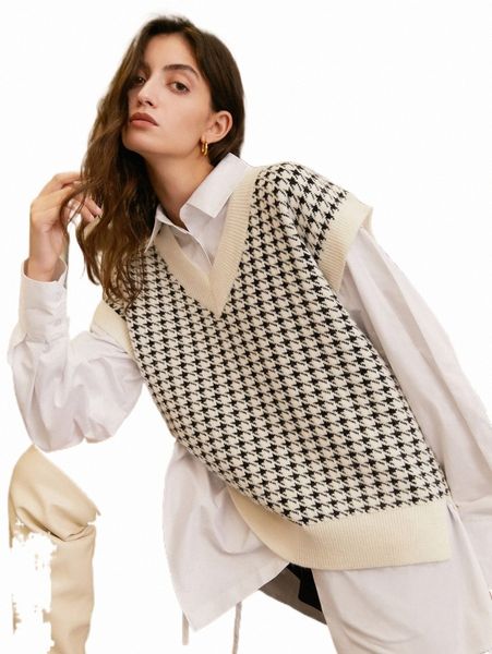 women's sweaters houndstooth pattern sweater vest without blouse 14wk#, White;black
women's sweaters houndstooth pattern sweater vest without blouse 14wk#, White;black