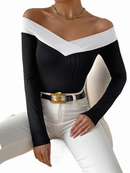 women's t-shirt colorblock off shoulder tee 2022 new n1ay#, White 
women's t-shirt colorblock off shoulder tee 2022 new n1ay#, White