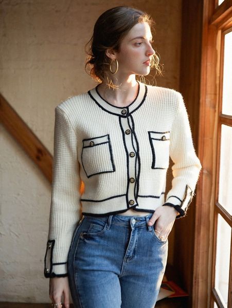 women's sweaters knit mix button through pocket front crop cardigan a5q9#, White;black
women's sweaters knit mix button through pocket front crop cardigan a5q9#, White;black