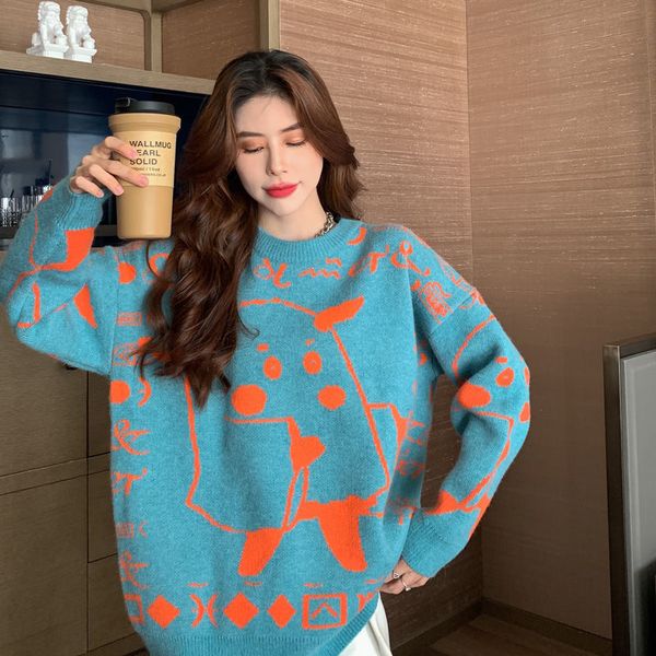 women s sweaters sweater cartoon pattern loose autumn and winter pullover korean version round neck long sleeve knitted all match women 2209, White;black
women s sweaters sweater cartoon pattern loose autumn and winter pullover korean version round neck long sleeve knitted all match women 2209, White;black