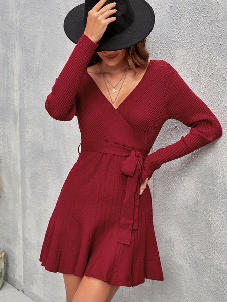 women's sweaters surplice neck ribbed knit belted sweater dress l0dy#, White;black
women's sweaters surplice neck ribbed knit belted sweater dress l0dy#, White;black