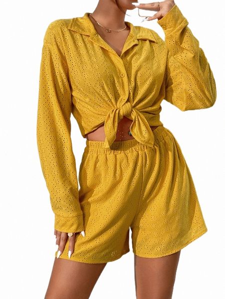 two piece dress eyelet embroidery drop shoulder shirt & shorts 49ft#, White