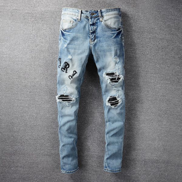 men's jeans knee ripped pants embroidered patch letter slim skinny jeans, Blue
men's jeans knee ripped pants embroidered patch letter slim skinny jeans, Blue