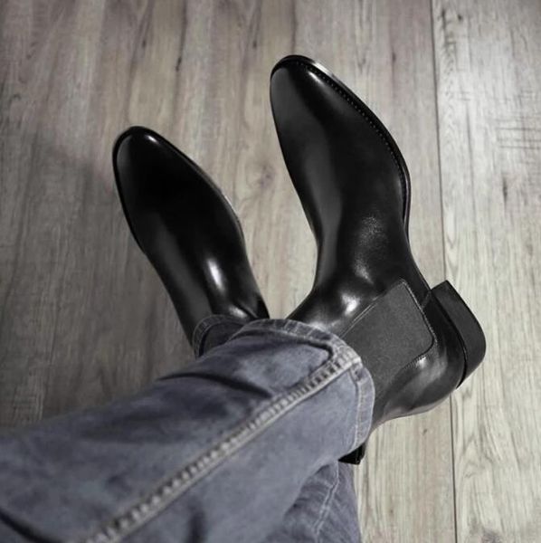 men british chelsea boots high-quality leather pointed toe mid-heel fashion business casual classic slip-on men shoes, Black
men british chelsea boots high-quality leather pointed toe mid-heel fashion business casual classic slip-on men shoes, Black