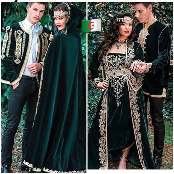 traditions algerian karakou evening dresses with long overskirt hunter green velvet gold lace applique caftan prom gown, Black;red
traditions algerian karakou evening dresses with long overskirt hunter green velvet gold lace applique caftan prom gown, Black;red