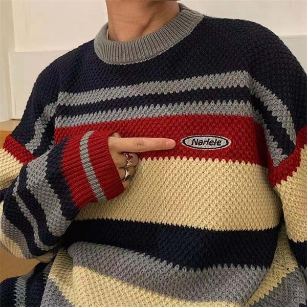 men s sweaters japanese headed round neck color matching sweater men and korean loose lazy ins knit jacket retro port wind 220908, White;black
men s sweaters japanese headed round neck color matching sweater men and korean loose lazy ins knit jacket retro port wind 220908, White;black