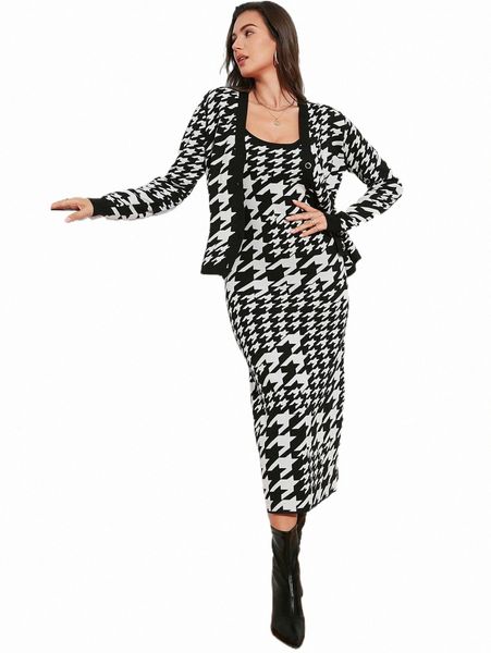 women's sweaters houndstooth pattern cardigan & cami sweater dress b4bz#, White;black
women's sweaters houndstooth pattern cardigan & cami sweater dress b4bz#, White;black