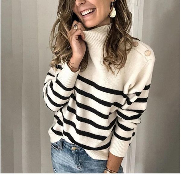 autumn winter new women sweater high neck pullover shoulder strap button striped turtleneck fashion casual knitted striped female slim sweat, White;black
autumn winter new women sweater high neck pullover shoulder strap button striped turtleneck fashion casual knitted striped female slim sweat, White;black