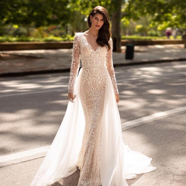 mermaid backless wedding dresses long sleeves bridal gowns with detachable train beaded v neck plus size lace vestidos de novia, White
mermaid backless wedding dresses long sleeves bridal gowns with detachable train beaded v neck plus size lace vestidos de novia, White