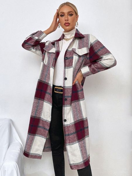 women's down & parkas plaid flap pocket drop shoulder longline tweed overcoat s2dx#, Black