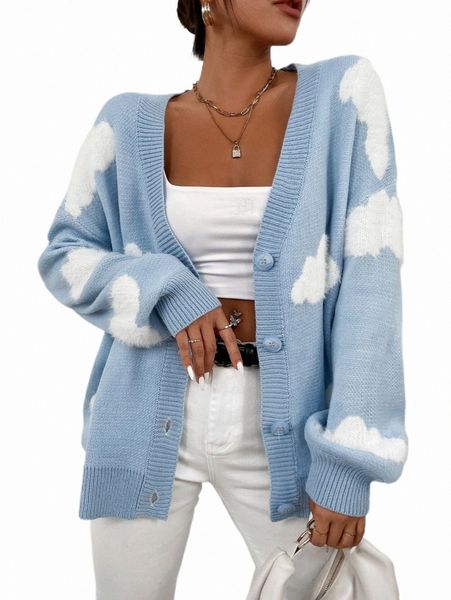 women's sweaters drop shoulder cloud pattern cardigan h7o9#, White;black