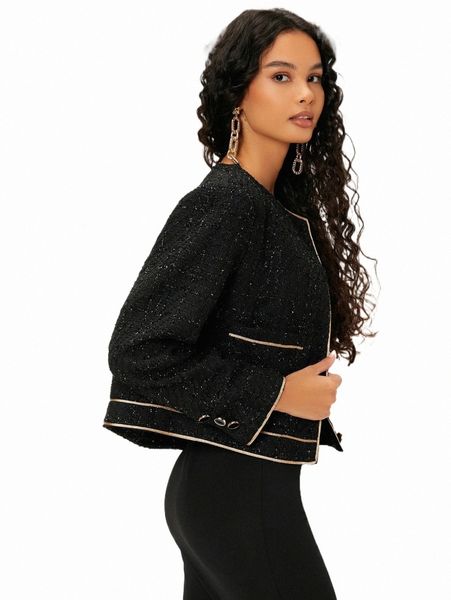 women's down & parkas contrast piping single breasted placket tweed overcoat k9r5#, Black
women's down & parkas contrast piping single breasted placket tweed overcoat k9r5#, Black