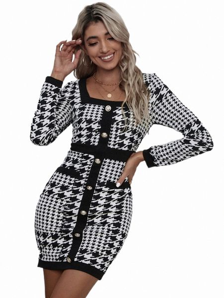 casual dresses houndstooth print square neck fake button bodycon dress 789k#, Black;gray