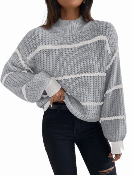 women's sweaters striped mock neck drop shoulder sweater 35un#, White;black
women's sweaters striped mock neck drop shoulder sweater 35un#, White;black