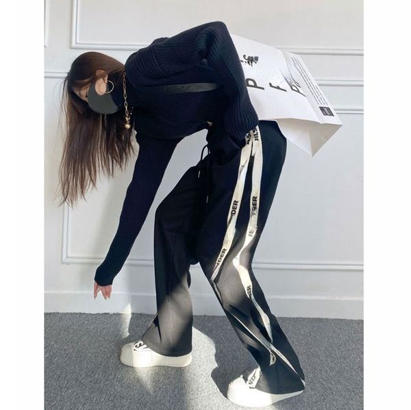 letter straight pants webbing high waist lace up casual side stripe leisure, Black;white
letter straight pants webbing high waist lace up casual side stripe leisure, Black;white