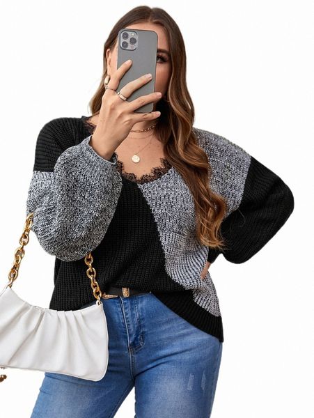 plus size t-shirt plus colorblock contrast lace drop shoulder ribbed knit sweater a7wu#, Black
plus size t-shirt plus colorblock contrast lace drop shoulder ribbed knit sweater a7wu#, Black