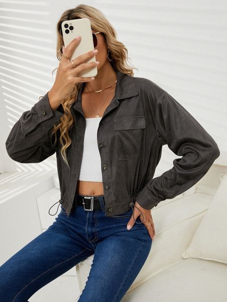 women's jackets flap pocket drop shoulder drawstring hem suede jacket a4jn#, Black;brown
women's jackets flap pocket drop shoulder drawstring hem suede jacket a4jn#, Black;brown
