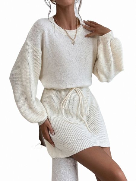 women's sweaters ribbed knit drop shoulder drawstring waist sweater dress y98x#, White;black 
women's sweaters ribbed knit drop shoulder drawstring waist sweater dress y98x#, White;black