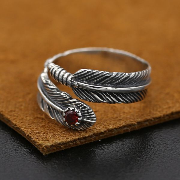 

925 sterling silver adjustable band rings crooked curly feather red stone simple antique vintage handmade designer punk hip-hop luxury jewel