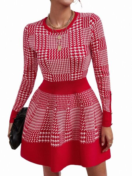 women's sweaters houndstooth pattern flare hem sweater dress b2mg#, White;black
women's sweaters houndstooth pattern flare hem sweater dress b2mg#, White;black