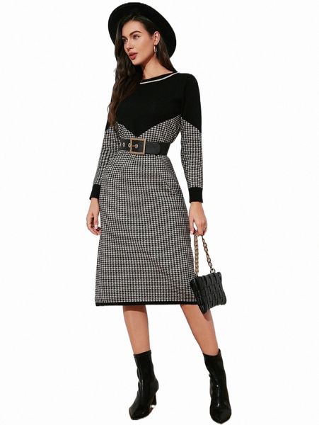 women's sweaters houndstooth two tone sweater dress without belt f8mm#, White;black
women's sweaters houndstooth two tone sweater dress without belt f8mm#, White;black