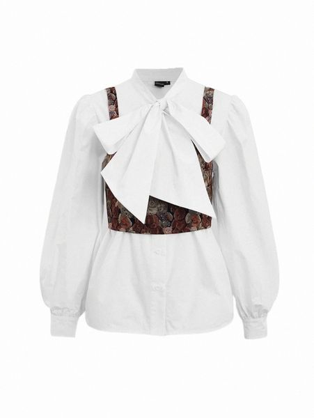 women's blouses & shirts mod tie neck puff sleeve blouse with jacquard camisole v01f#, White
women's blouses & shirts mod tie neck puff sleeve blouse with jacquard camisole v01f#, White