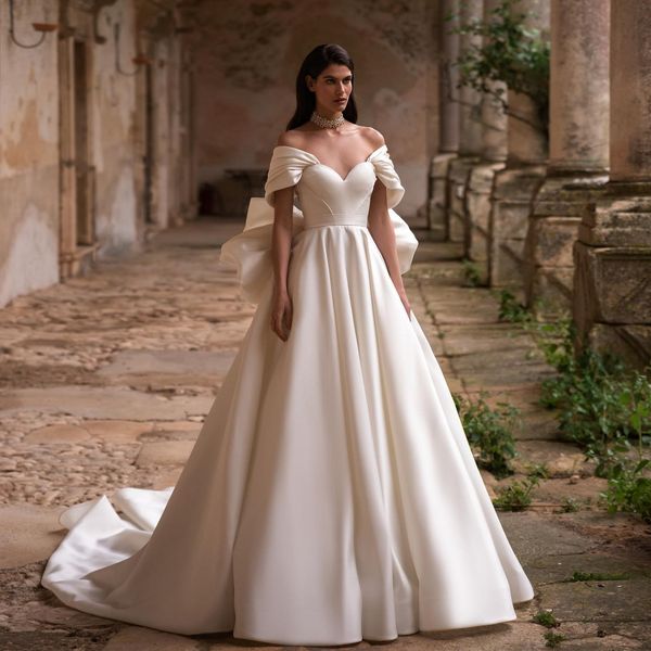 stunning wedding dresses with big bow bridal gowns off the shoulder neck a line sweep train satin robe de mariee, White
stunning wedding dresses with big bow bridal gowns off the shoulder neck a line sweep train satin robe de mariee, White