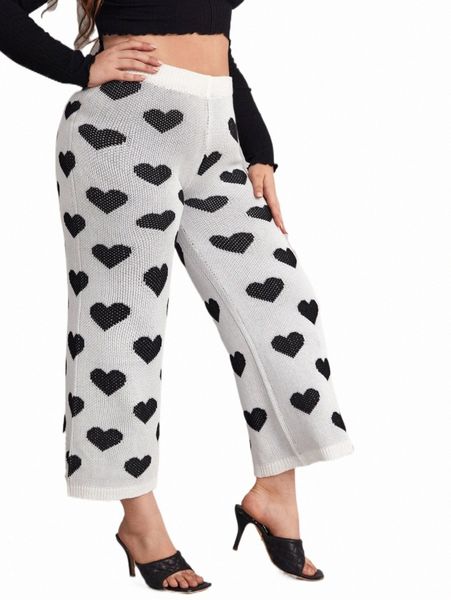 plus size t-shirt plus heart pattern wide leg knit pants v4lx#, Black 
plus size t-shirt plus heart pattern wide leg knit pants v4lx#, Black