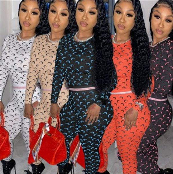 

Sporty Women Fiess Tracksuit Moon Letter Print Sleeve Bandage Tops and Skinny Long Legging Pant Matching Sets Club Outfit