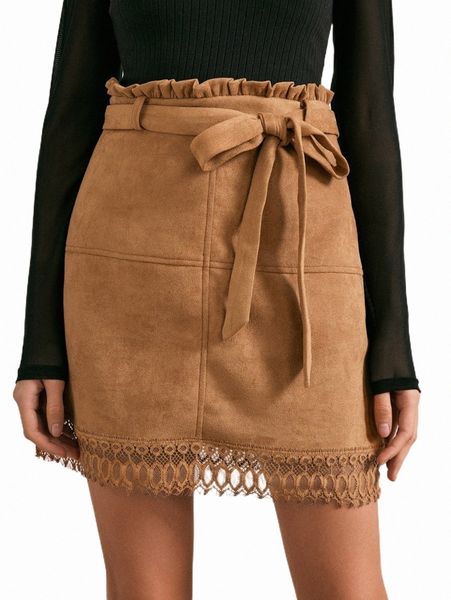skirts guipure lace paperbag waist belted suede skirt 769t#, Black