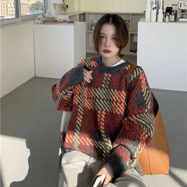 women s sweaters autumn and winter style pullover sweater women loose all match retro japanese round neck plaid knitted female casual 220908, White;black
women s sweaters autumn and winter style pullover sweater women loose all match retro japanese round neck plaid knitted female casual 220908, White;black