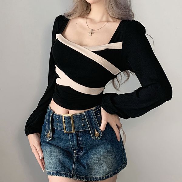 women's t shirts elegant temperament show thin square collar cross chest type color lacing short style slim long sleeve t-shirt top, White
women's t shirts elegant temperament show thin square collar cross chest type color lacing short style slim long sleeve t-shirt top, White