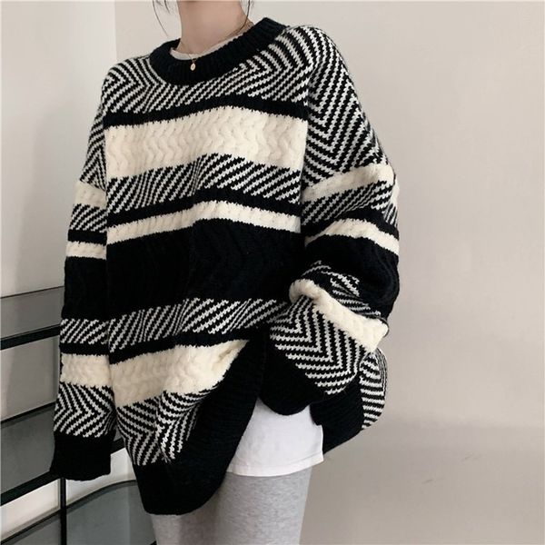 women s sweaters striped sweater women autumn and winter loose round neck long sleeved pullover knit jacket all match casual 220908, White;black
women s sweaters striped sweater women autumn and winter loose round neck long sleeved pullover knit jacket all match casual 220908, White;black