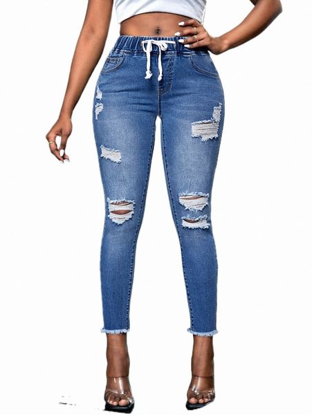 women's jeans sxy drawstring waist ripped raw cut skinny jeans c6v5#, Blue