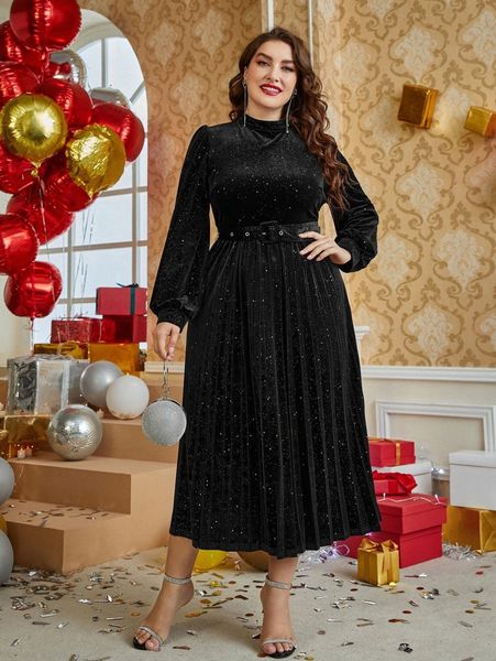 

plus size dresses plus 1pc lantern sleeve pleated hem mock neck buckled belted velvet dress z6ym#, Black