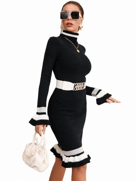 women's sweaters striped trim flounce sleeve ruffle hem sweater dress without belt h5zx#, White;black
women's sweaters striped trim flounce sleeve ruffle hem sweater dress without belt h5zx#, White;black