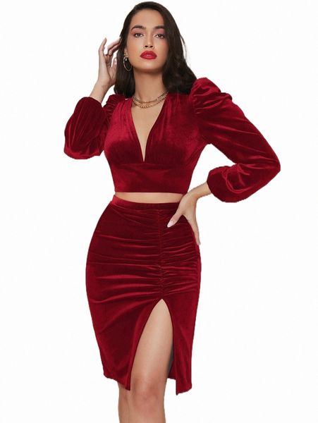 two piece dress v-neck puff sleeve velvet crop & ruched split thigh skirt set d5gx#, White
two piece dress v-neck puff sleeve velvet crop & ruched split thigh skirt set d5gx#, White