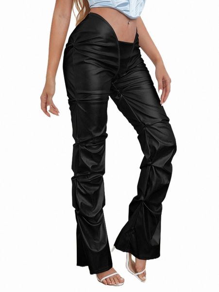women's pants & capris ruched asymmetrical waist pu leather pants 30vz#, Black;white
women's pants & capris ruched asymmetrical waist pu leather pants 30vz#, Black;white