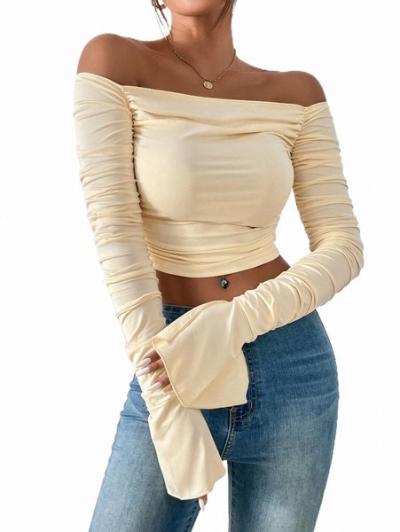 women's t-shirt off shoulder ruched split cuff crop 215p#, White
women's t-shirt off shoulder ruched split cuff crop 215p#, White